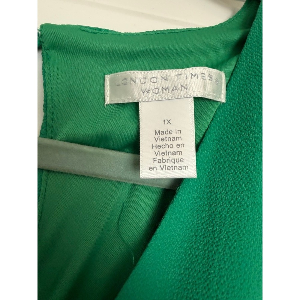 London Times Woman Green Smocked Waist Ruffle Sleeve Dress 1X T7349W NEW - Picture 2 of 10